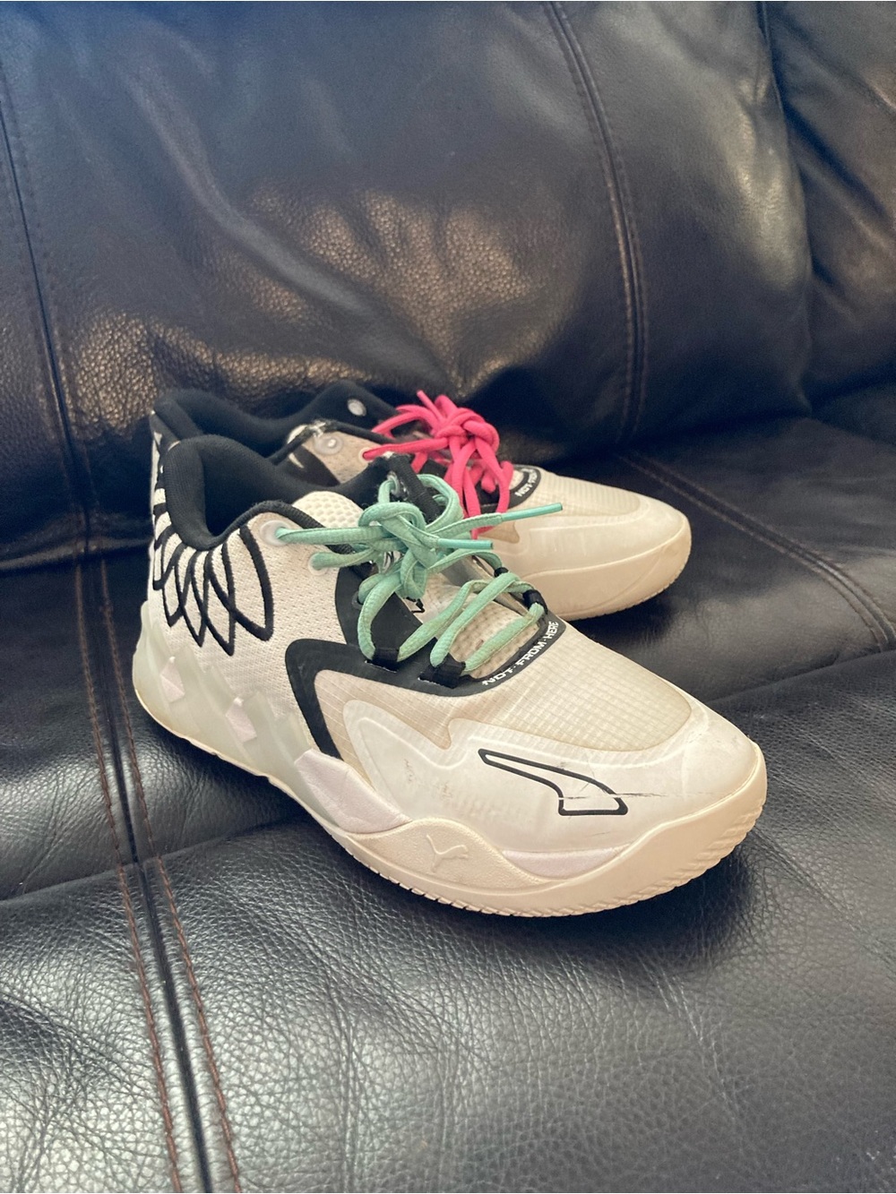 Puma MELO MB.01 Kids White Basketball Shoes with Mint and Pink Laces